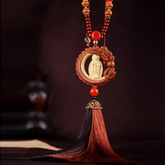 FengShuiGe Boxwood Inlay Dragon Spit Bead Buddha Statue Lucky Interiors Car Pendant Decoration (Guanyin)