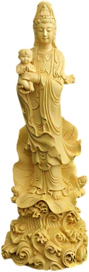 QQYDZSW Statue Stunning Home Garden Ornament Sculpture Decoration for Yard and Garden Boxwood Wood Carving Ornaments to Send The Child Guanyin Buddha Statue Crafts Hand-Made Ornaments