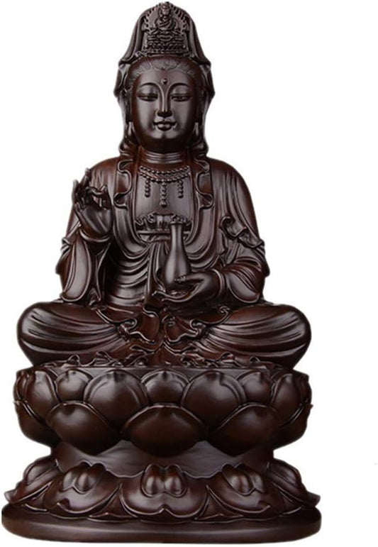 Tonpop Family Garden Decoration Ornament Statue Sculpture Creative Abstract Feng Shui Guanyin Statue Retro Ebony Crafts Handmade Wood Carving Lotus Guanyin Statue Decoration, for Your Living Room O