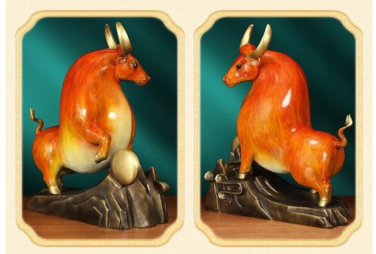 34cm,China brass Copper home Feng shui animal fortune wealth bull ox niu statue