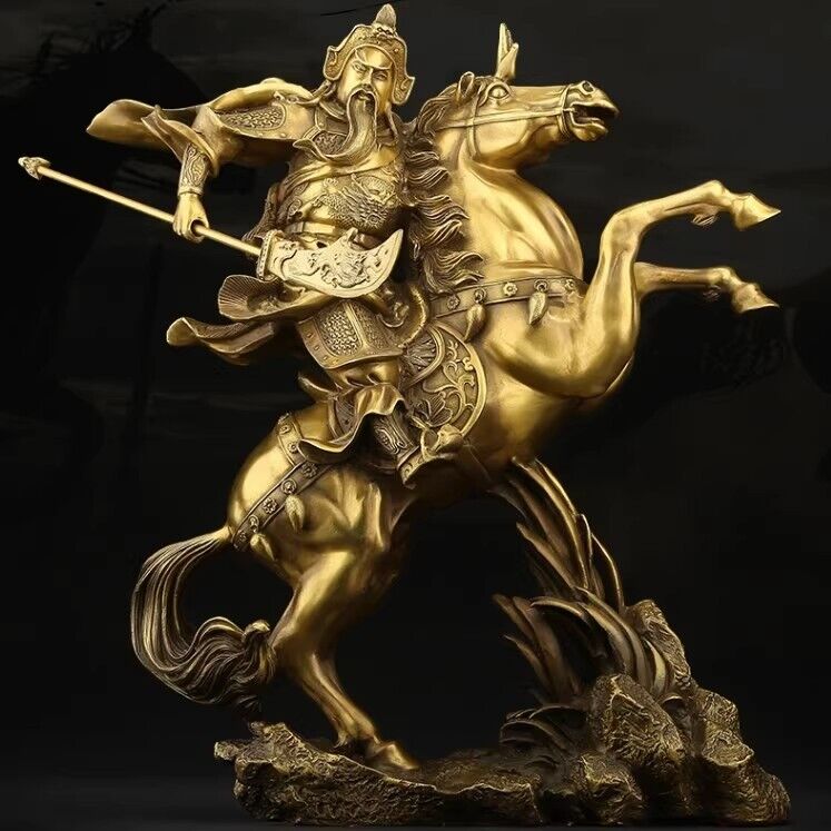 10" Chinese modern BRASS Guangong Guan Gong Yu Warrior God Ride Horse Statue 关公