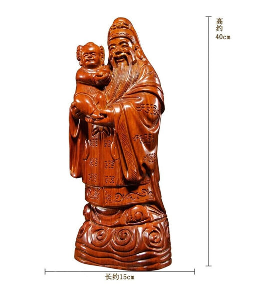40cm,Fu Lu Shou Life Buddha Wood Statue,Luck,wealth,longevity Figure Carving 福禄寿