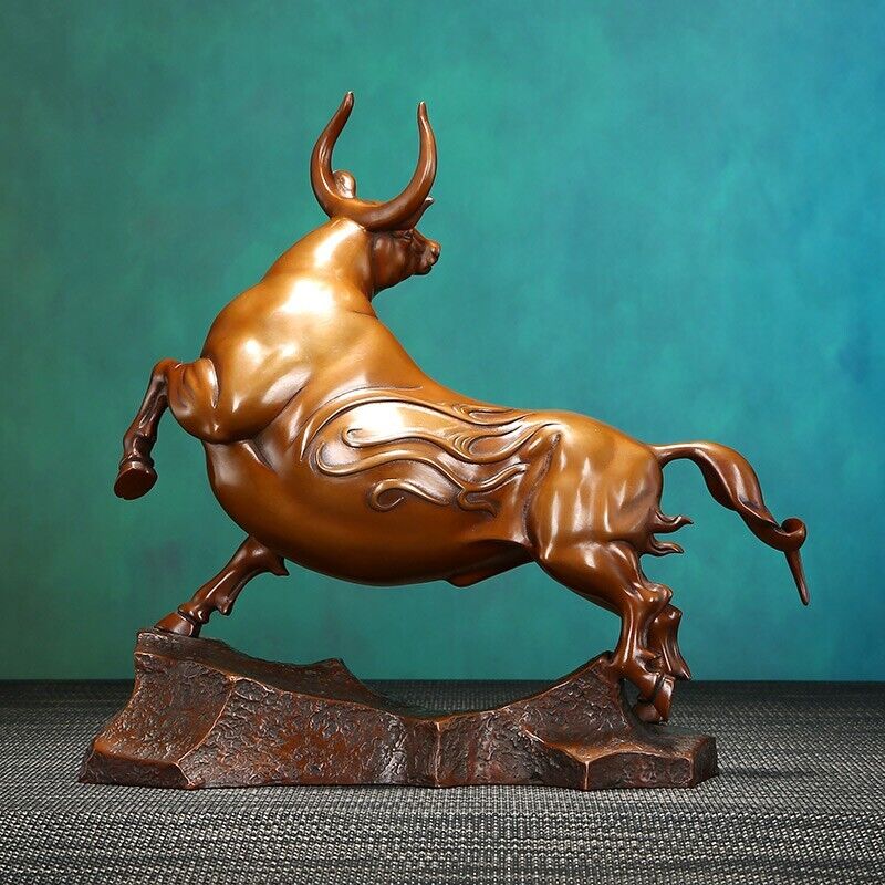 10" Chinese Red Copper Feng Shui Bull Oxen OX Strong Cattle Luck Sculpture craft