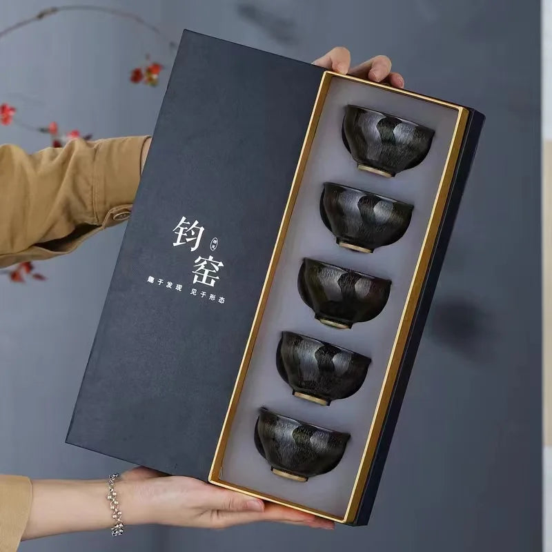 5Pcs/Set Kiln Change Ceramic Tea Cup Set Tea Bowl Kung Fu Tea Set Master Cup Small Teacup Teaware Retro Chinese Tea Set Gift Box