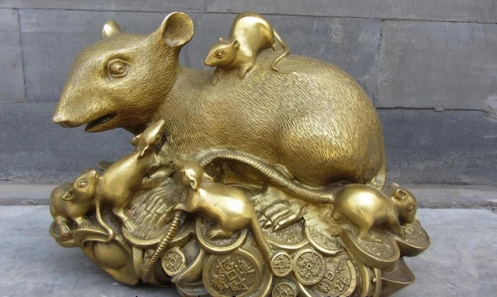 6 Chinese Brass Copper Feng Shui Auspicious Wealth YuanBao Zodiac Mouse Statue