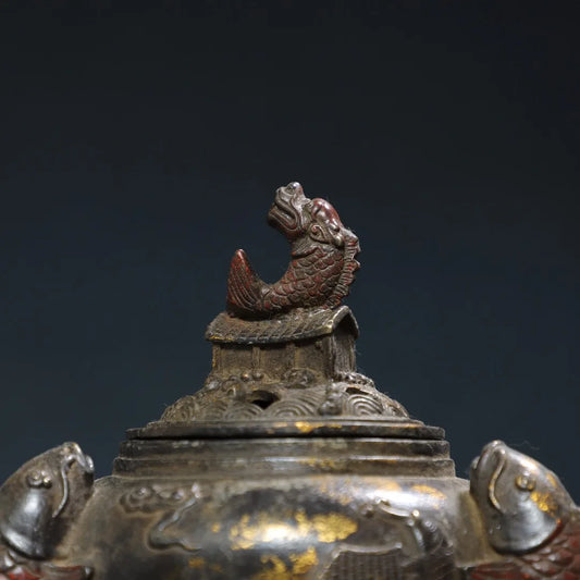 6"Tibet Temple Collection Old Bronze Cinnabar Gilding Dragon Fish Statue fish Ear Three legged incense burner Ornaments