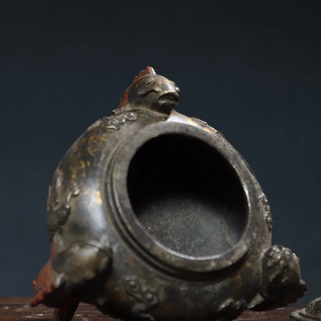 6"Tibet Temple Collection Old Bronze Cinnabar Gilding Dragon Fish Statue fish Ear Three legged incense burner Ornaments