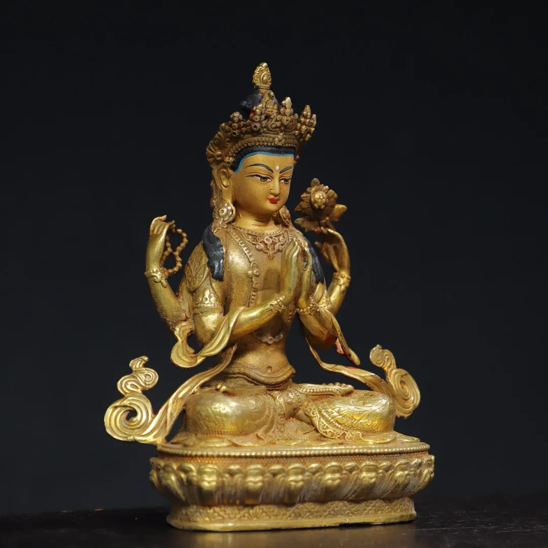 6"Tibetan Temple Collection Old Bronze Gilded Face Painting Four Arm Guanyin Buddha Lotus Platform Worship Hall