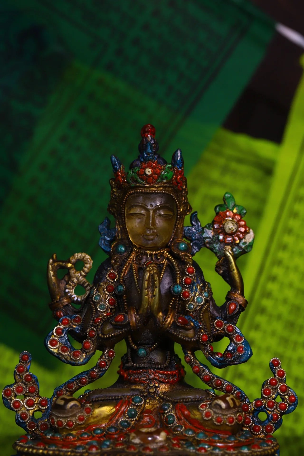 6"Tibetan Temple Collection Old Natural Crystal Mosaic Gem gZi Beads Four-armed Guanyin Bodhisattva Sitting Buddha Worship Hall