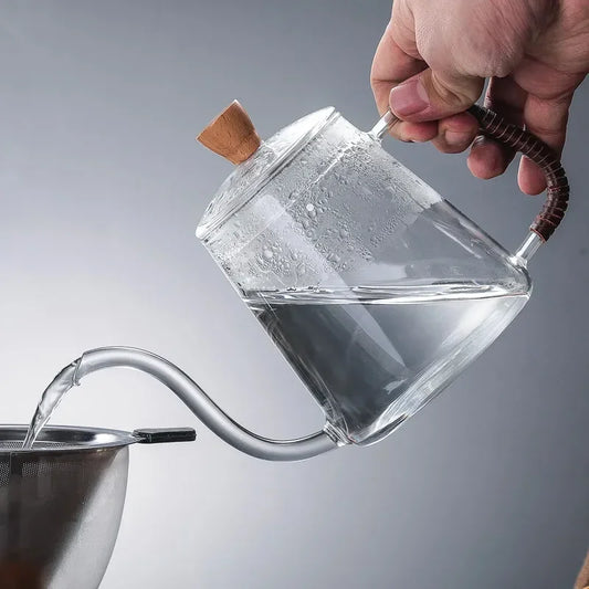 600ml Heat Resistant Clear Glass Tea Coffee Kettle Gooseneck Thin Spout for Pour Over Coffee Pot Stovetop Microwave Safe Teapot