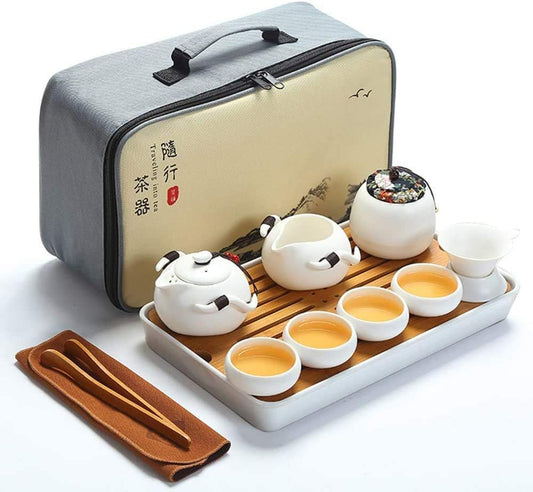 Travel Tea Set,Handmade Kungfu Tea Set,Porcelain Teapot,Teacups,Bamboo Tea Tray with a Portable Travel Bag (White)
