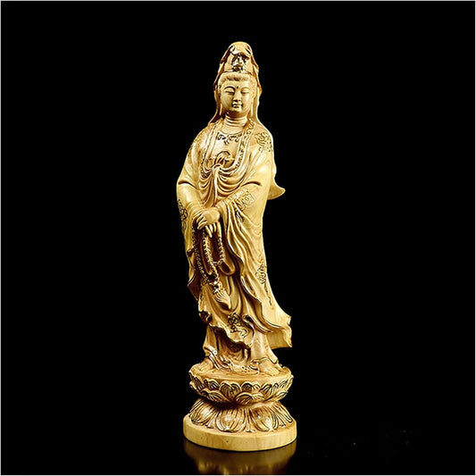 AURH Feng Shui Boxwood Buddha GuanYin Wood Statue Wood Sculpture Mascot Historical Myth Figure Statue TIANMINJIEDM (Color : Gold, Size : 30CM)