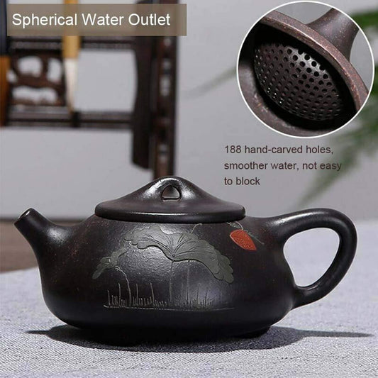 Teapot 7.4Oz Chinese Yixing Zisha Clay Pottery Handmade Shipiao Tea Pot Black Mud Heijingang Kungfu Kettle Spherical Filter (Color painting louts)