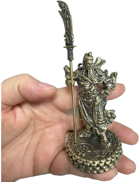Vintage Brass Laughing Buddha Statue,Solid Metal Mini Chinese Fengshui Figurine Garden Dollhouse Collection Lucky Ornaments for Desk Decor,Car Attracting Money Wealth&Success (Brass -Guan Yu)