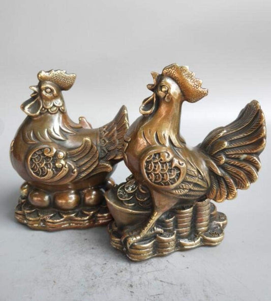 Figurin Statues for Home Decor Brass Cock and Hen Wealth Statue A Pair
