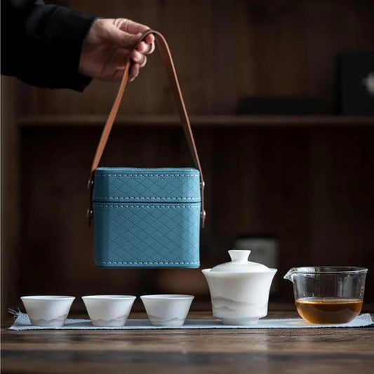 Afternoon Tea Set Sheep Fat Jade Porcelain Service Gaiwan Tea Cups Mug of Tea Ceremony Teapot Chinese Portable Leather Bag Kung Fu Travel Tea Set Tea Set for Adults