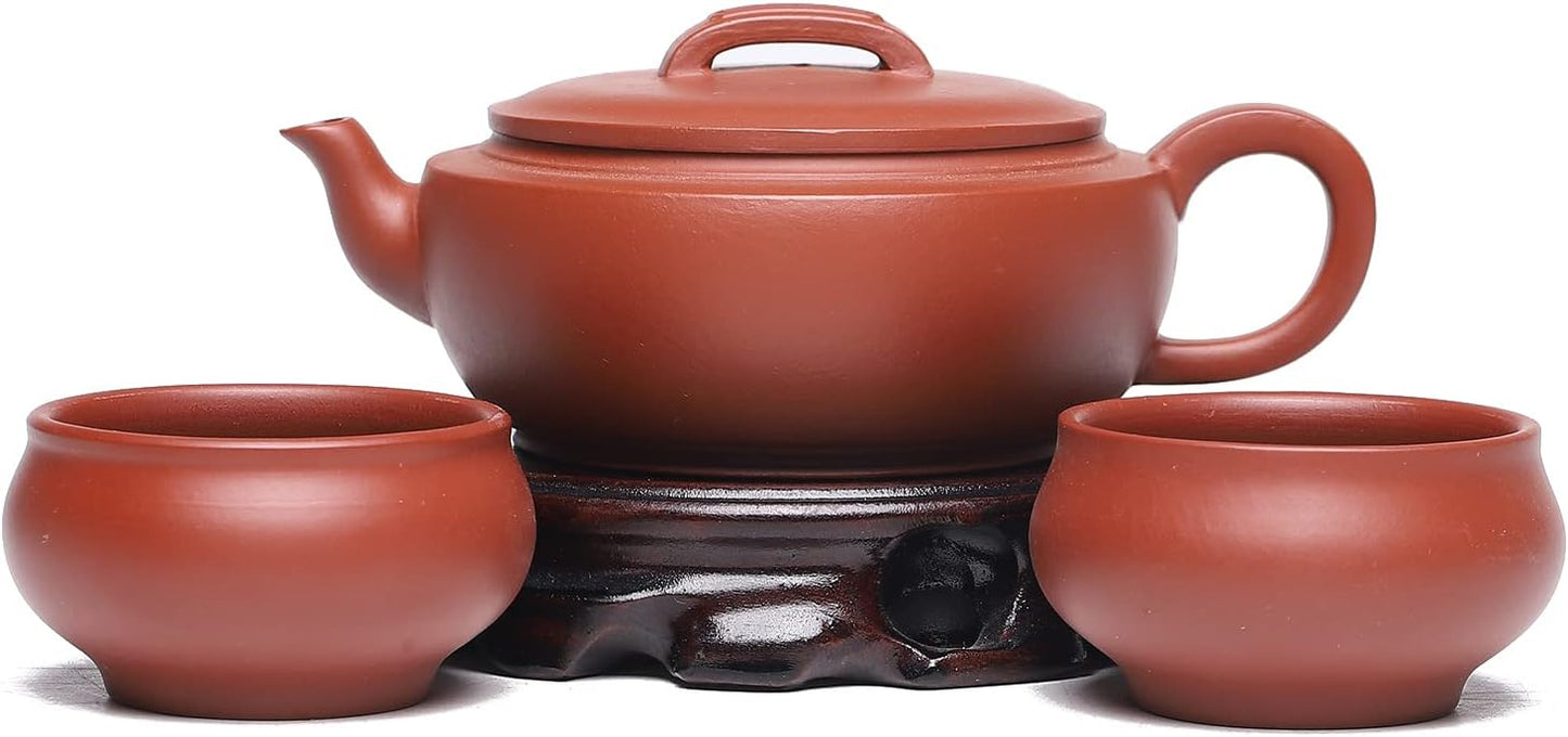 SILINE Zisha Tea Pot Set,Master Handmade Genuine Yixing Clay Teapot 11.3 Oz with 2 Cups (Flower Xishi,Red Beauty Clay)