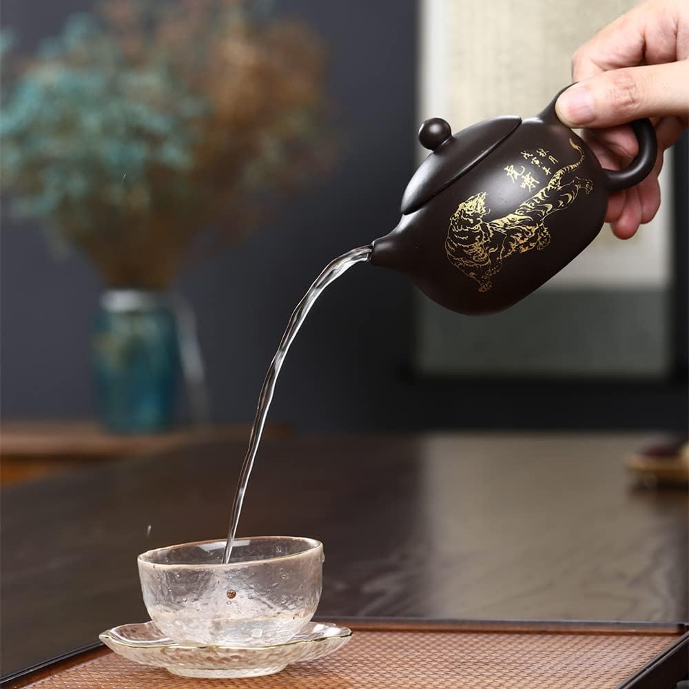 Xishi Teapot 7oz Chinese Clay Pot Ceramics Zisha Black Mud Kungfu Tea Set Gold Tiger