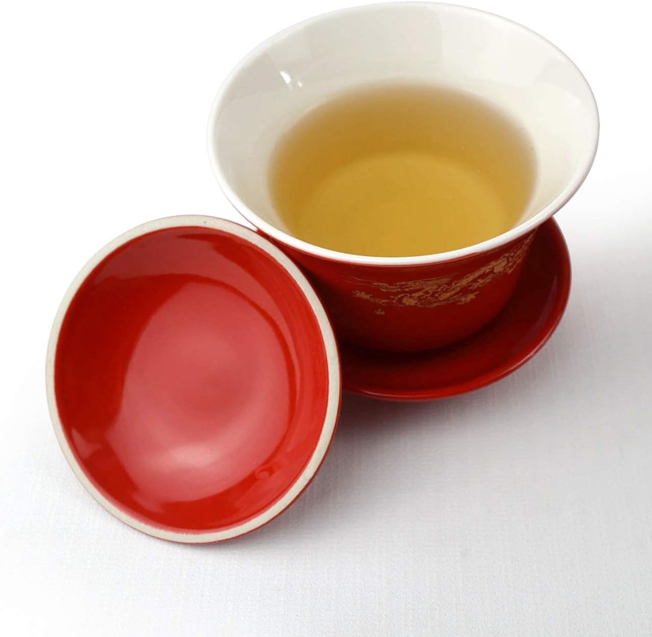 Gaiwan 2 Suits Porcelain Teacups 8oz Cups Chinese Dragon and Phoenix Cover Bowl Saucer Red tureen for Wedding Party (Dragon phoenix)