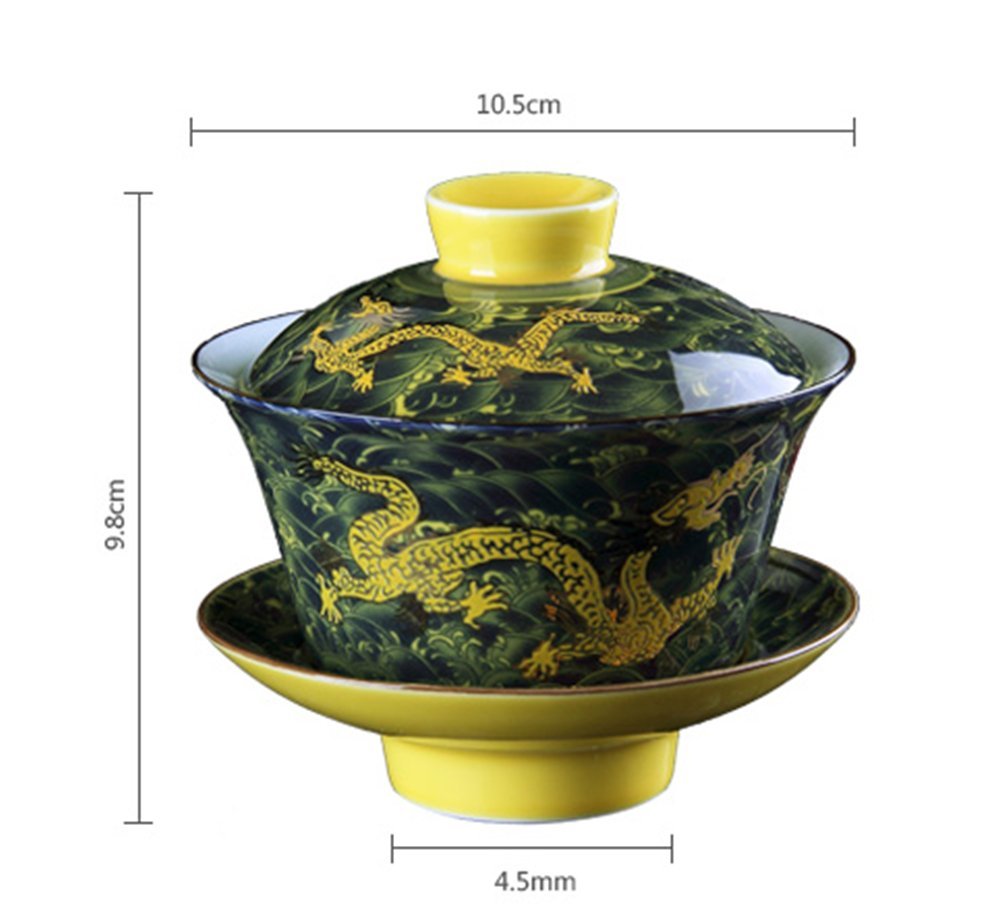 Moyishi Chinese Porcelain Gaiwan Floral Dragon Tradition Sancai Tea Cup Tea Set Best Gift (Black Dragon)