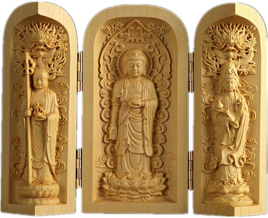 Ulalaza Boxwood Buddha Statue Solid Wood Carvings Carved Locker Box Sculpture Decoration