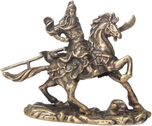 Veemoon Bronze Ware of Guan Yu on Horseback Chinese feng Shui Figurine Prosperity Decor Lucky god Shen Statue Dining Room Table Decor Riding Horse Tea Pet Brass Animal Table Decoration