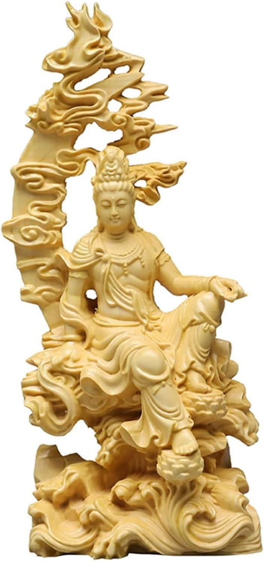 Qeyize Solid Wood Water Moon Guanyin Statue,Finely Carved Chinese Buddha Statues,Modern Art Sculpture,Home Decoration Feng Shui Guanyin Statue