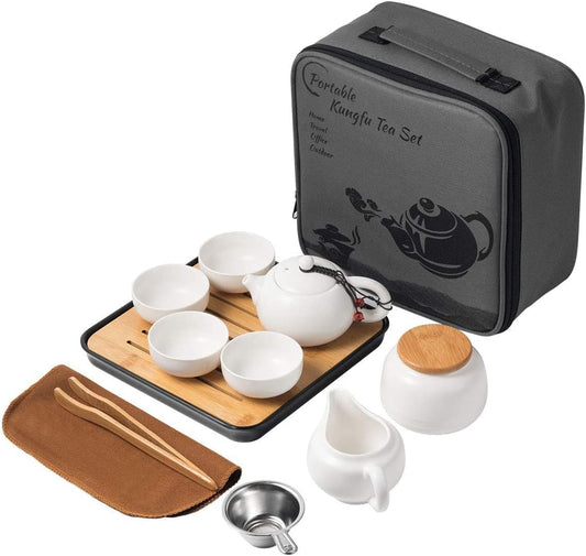 Lyty Chinese Tea Pot Cup Set with Tray Infuser - Travel Ceramic Tea set Porcelain Teapot, Portable All in One Gift Bag for Outdoor Picnic Business Hotel (White)