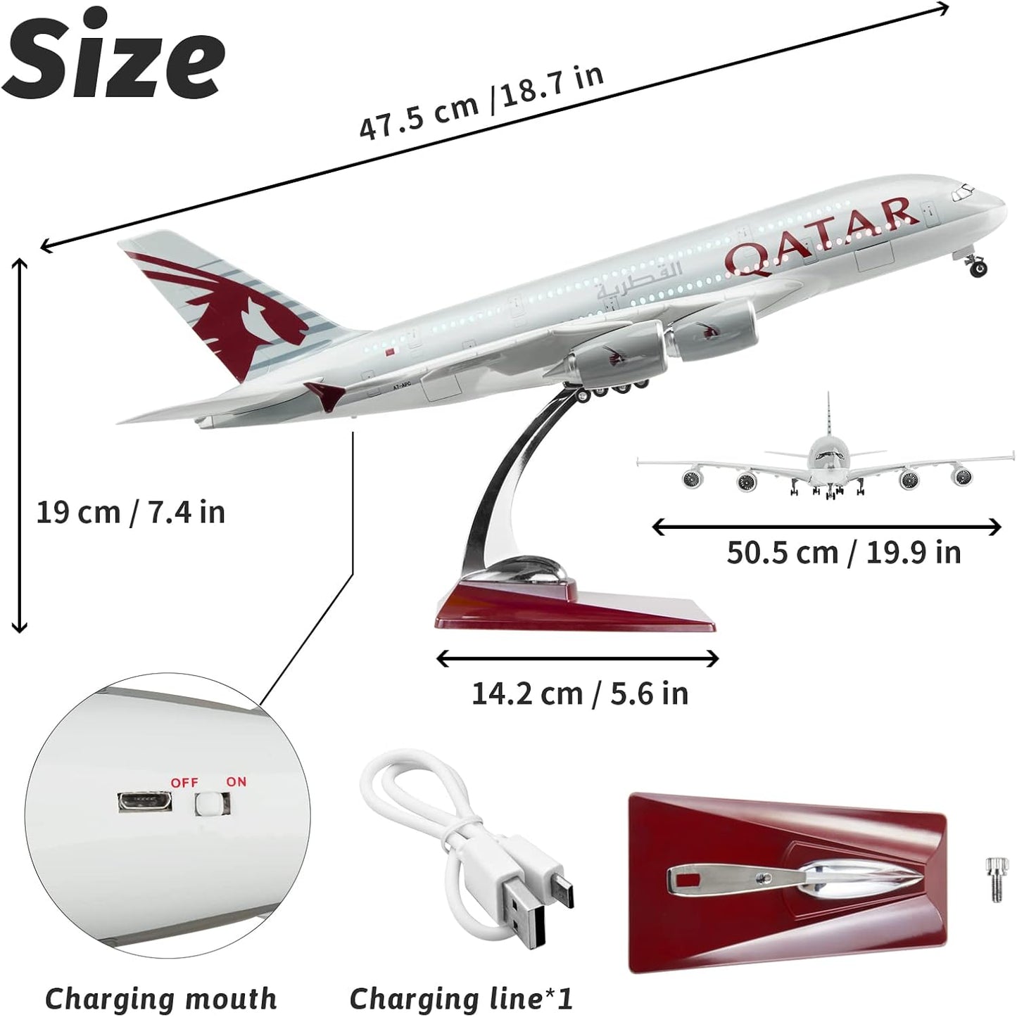 Lose Fun Park 1:160 Scale Large Model Airplane Qatar A380 Plane Models Diecast Airplanes with LED Light for Collection or Gift