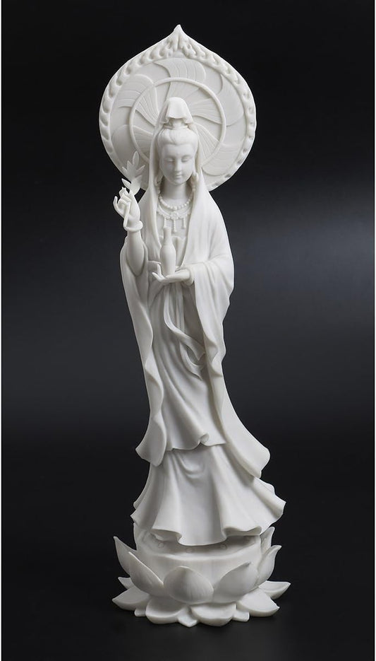 Large 17-inch Quan Yin Avalokiteshvara on Lotus Pedestal Marble-Finish Statue