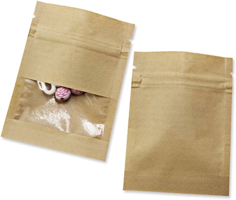 FERENLI 100Pcs Kraft Paper Window Bags Smell Proof Food Storage Pouch Flat for Zip Resealable Lock Candy Coffee Beans Packaging Bag with Tear Notches (7x9cm (2.8x3.5 inch), White)
