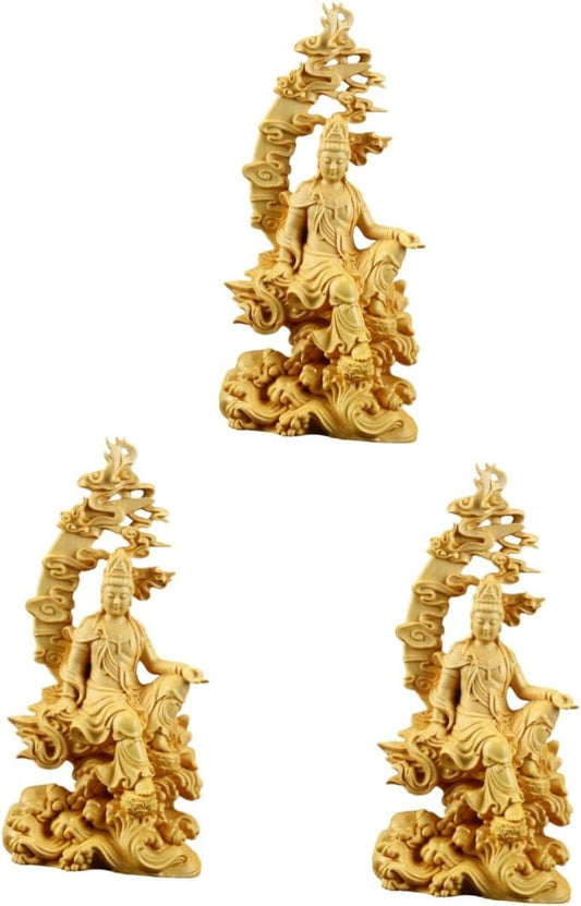 DECHOUS 3pcs Wooden Guanyin Wooden Ornament Guanyin Statue Desk Decorations Car Decorations Kuan Statue Miniature Kwan-yin Statue Guanyin Bodhisattva Statue Solid Wood Sculpture Asia Gift
