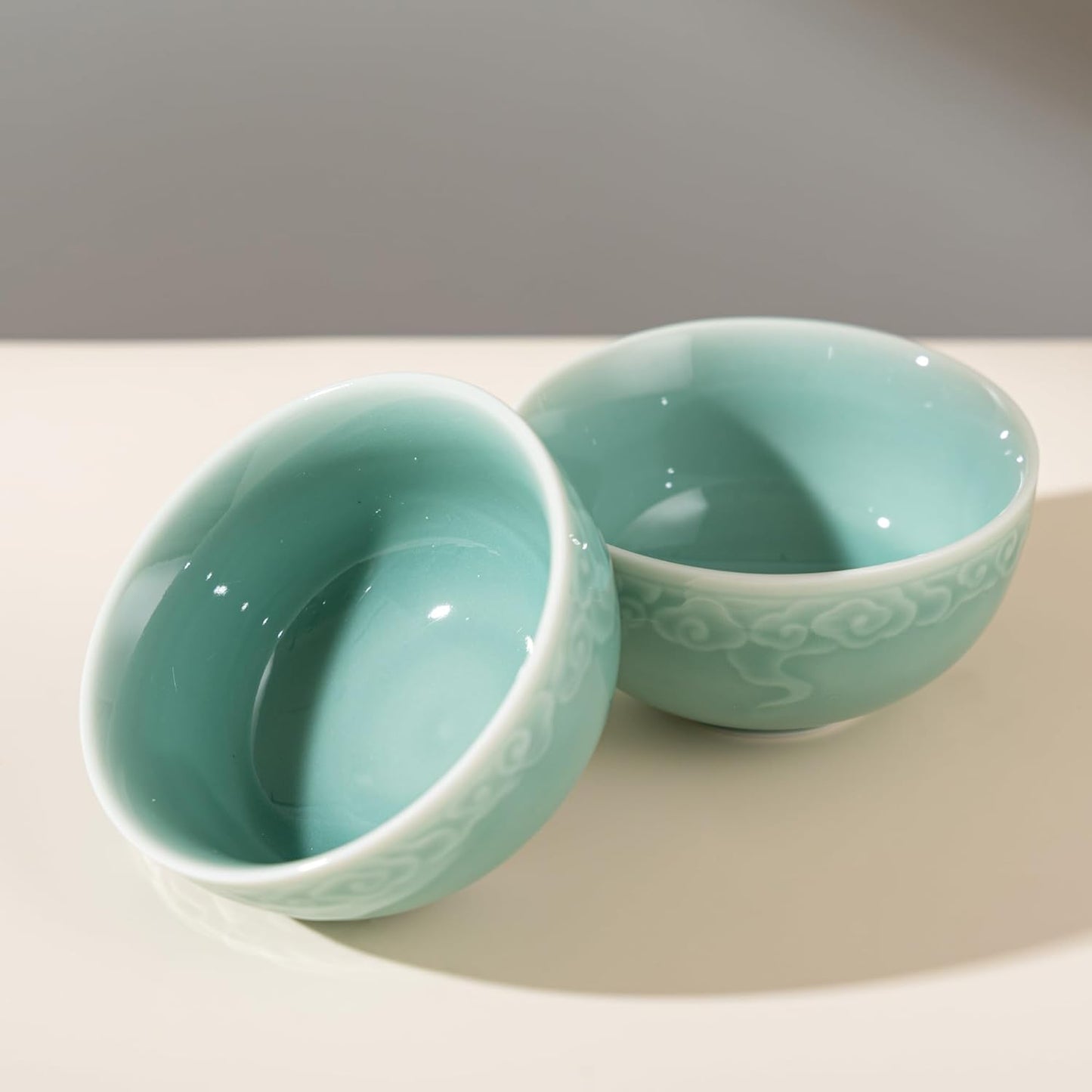 SILINE 4.5" Green Porcelain Bowls Set of 2,Genuine Longquan Celadon 9.8 Oz Rice Bowls