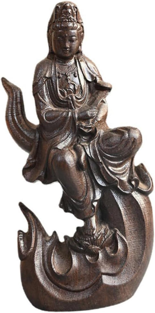 NOLITOY Ornaments Guanyin Figurine Kwan Figurine Wood Carved Thai Buddha Figurine Kuan Goddess Statue Guanyin Goddess Statue Sitting Buddha Figurine Zen Garden Agarwood Office Outdoor