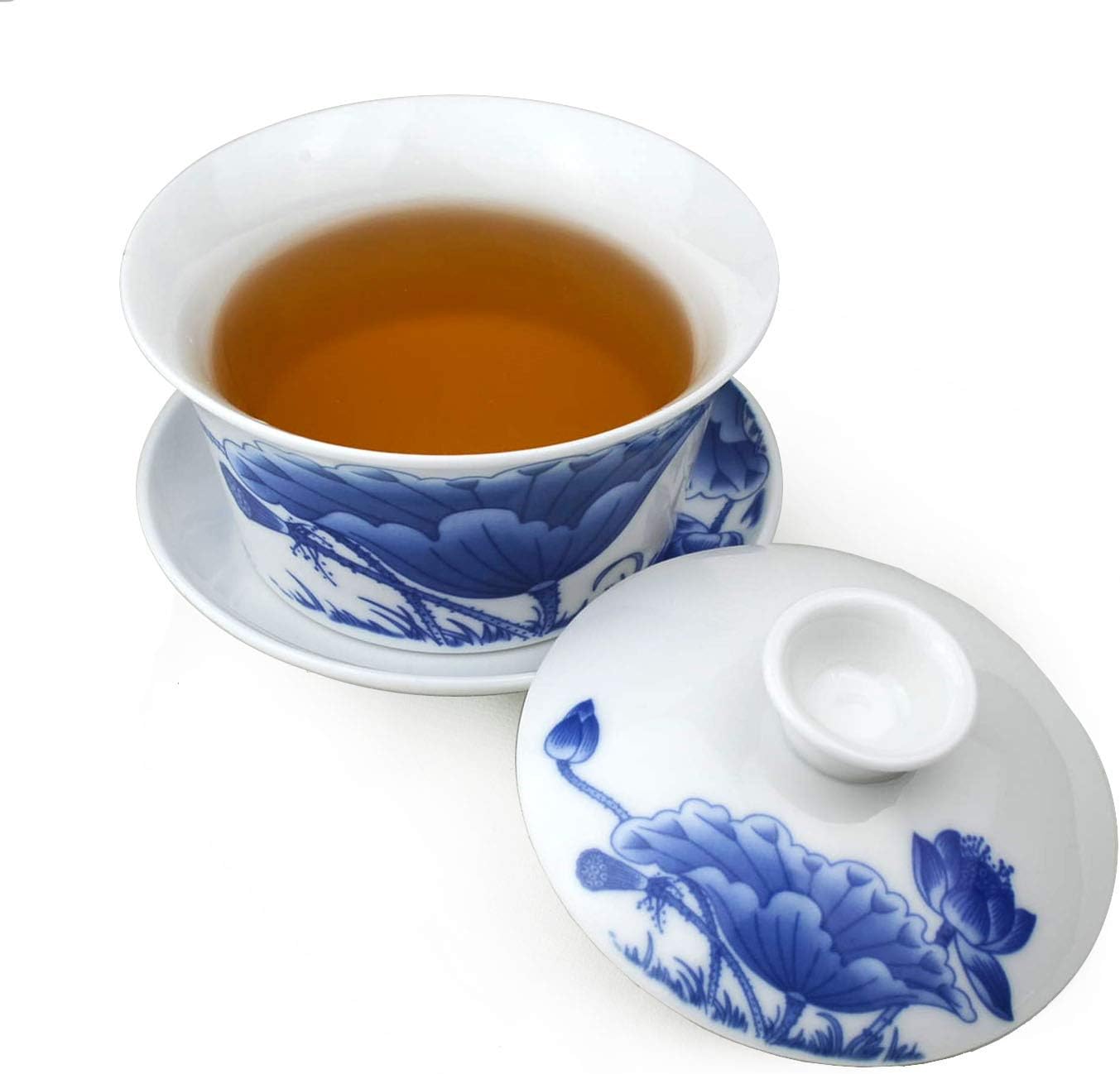 honeylive Gaiwan Chinese 150ml-200ml Sancai tureen Tray Cup Blue White Porcelain Saucer Lid (simple A 5oz)