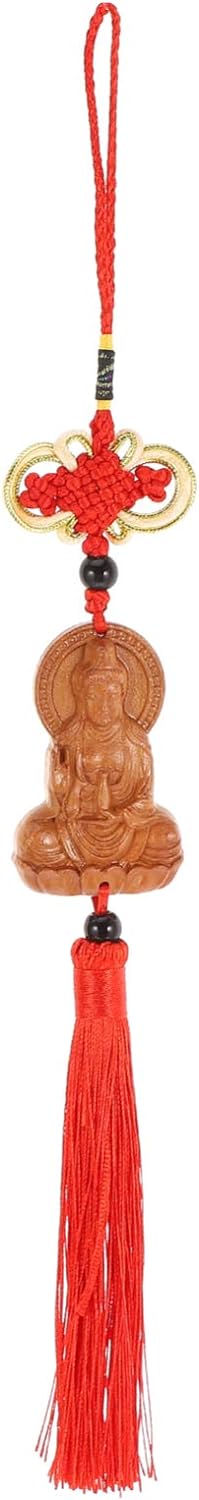 BESPORTBLE Red Car Feng Shui Rear View Mirror Pendant Hanging Ornament Wood Guanyin Buddha Statue Tassel Carved Lucky Hanging Decor for Auto Rearview Mirror Decoration