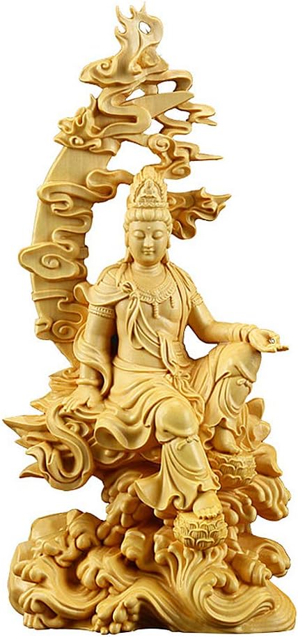 feng Shui 2020 Kuan yin Buddha Statue Luck and Wealth Pure Hand-Carved/Avalokitesvara Water/New Moon/Cloud Thousand/Hand guanyin Goddess Riding Lotus Dragon Home Decoration Wooden 18x8.5cm