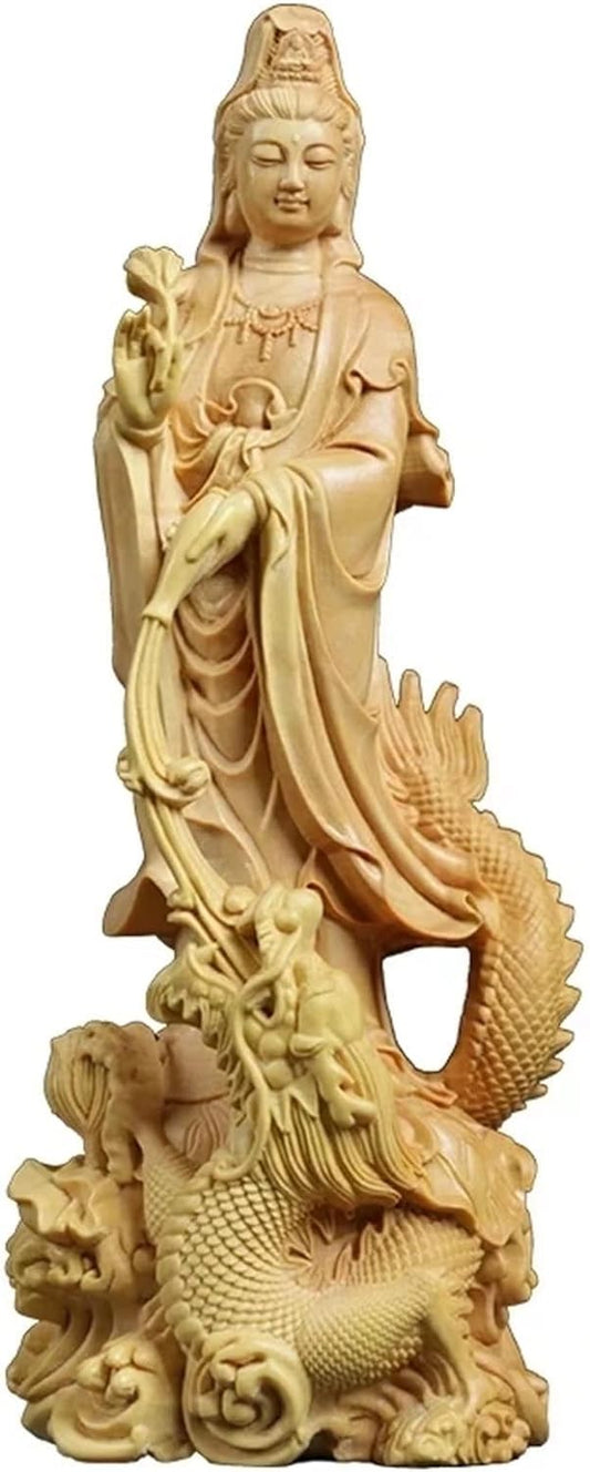 Quan Yin Statue Standing on Dragon,Kwan Yin Mercy Goddess Chinese Feng Shui Sculpture Hand Carved Boxwood Female Buddha Buddhist Decoration