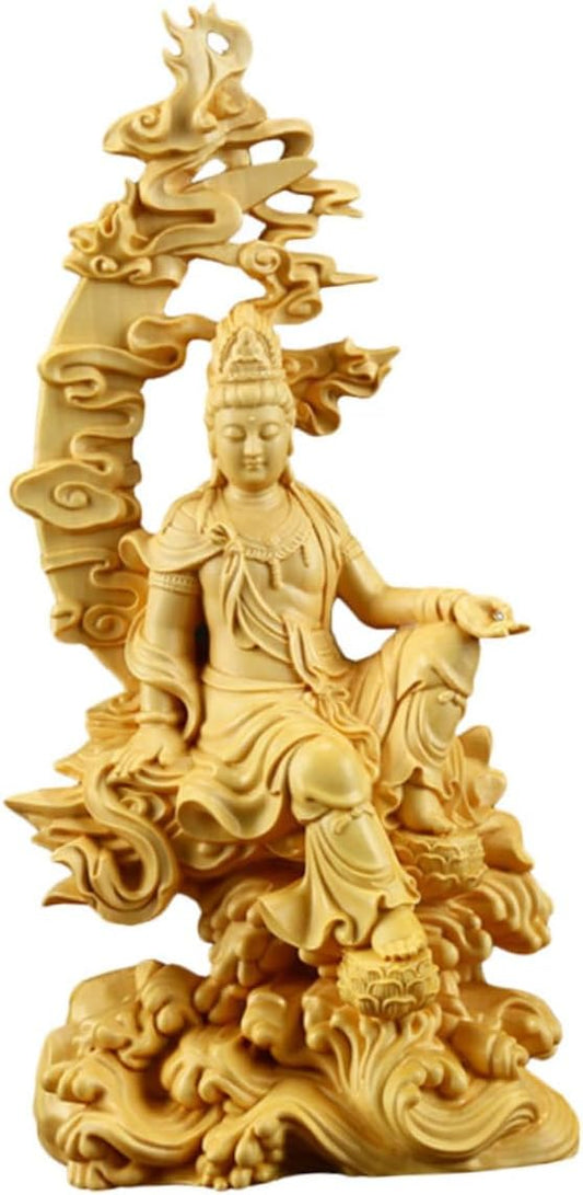 HOOTNEE Wooden Guanyin Chinese Kuan Statue Quan Asian Goddess Statue Lucky Buddha Figurines Buddhist Wood Decor Wood Guanyin Statue Chinoiserie Decor Chinese Style Guan Yu