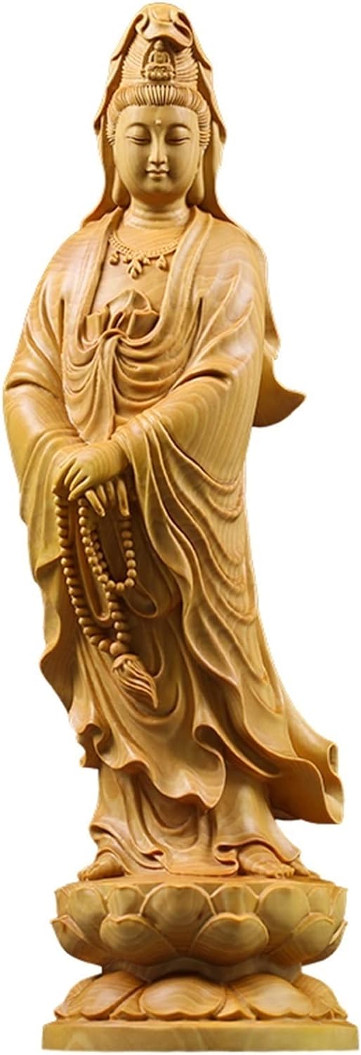 Buddha Statue for Zen Decor Feng Shui Boxwood 10~35CM Buddha GuanYin Wood Statue Collection Wood Sculpture Mascot Historical Myth God Figure Statue Buddha Statue For Home Decor Accents ( Color : Norma