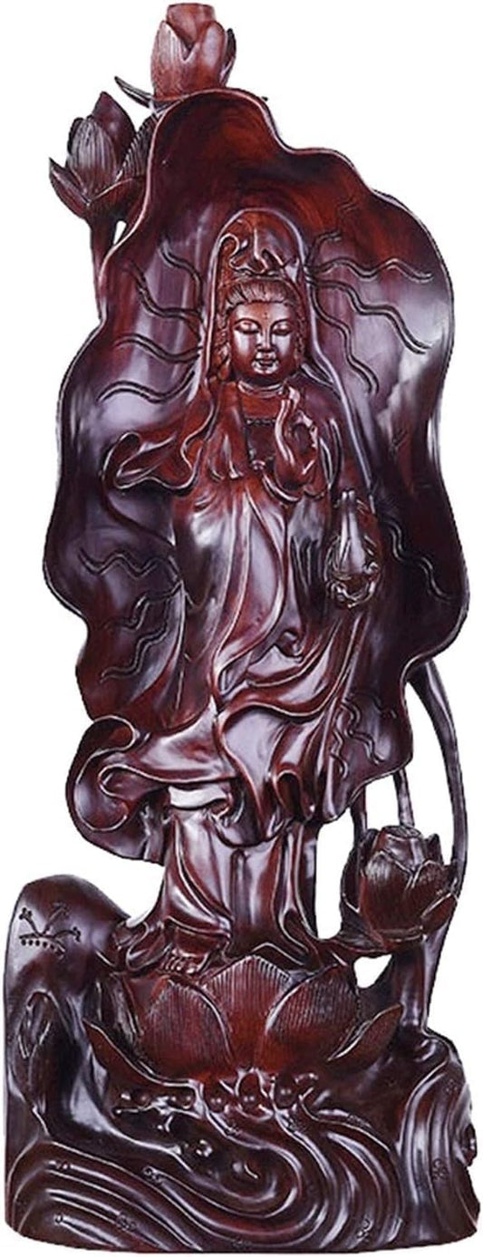 PBANDN Zen Art Buddha Statue Garden Patio Sculpture, Ornament Buddha Statue Ebony Wood Carving Lotus Leaf Guanyin Buddha Statue Meditating Sculpture