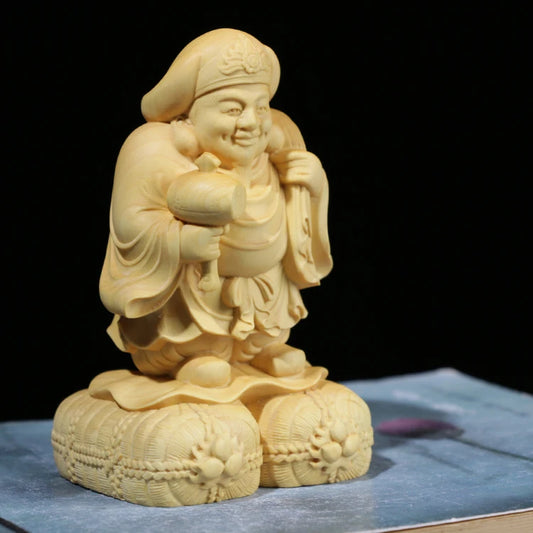 6CM/10CM Boxwood Statue Wood Buddha CraftHome Decor Feng Shui Office Decoration Sculpture Japanese God of Wealth Mahakala