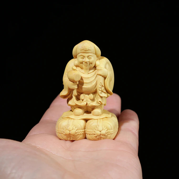 6CM/10CM Boxwood Statue Wood Buddha CraftHome Decor Feng Shui Office Decoration Sculpture Japanese God of Wealth Mahakala