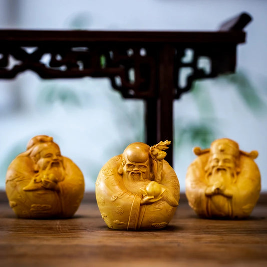 6CM 3PCS Three God Sculpture Boxwood Figure Buddha Fu Lu Shou Three Stars Chinese Auspicious Wood Statue Feng Shui Home Decor