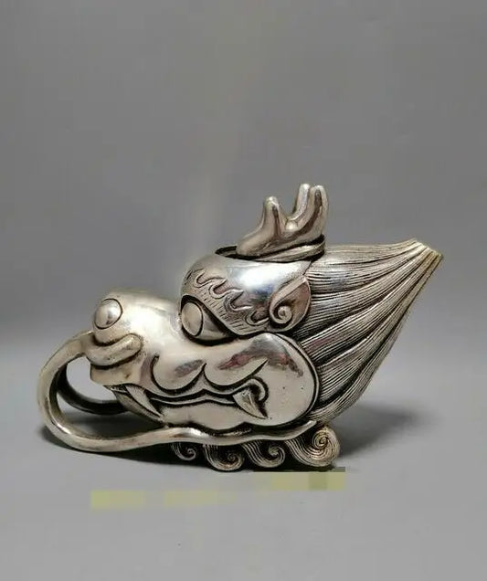 7.87"Exquisite Chinese Pure copper silvering Seiko Dragon head Teapot wine pot