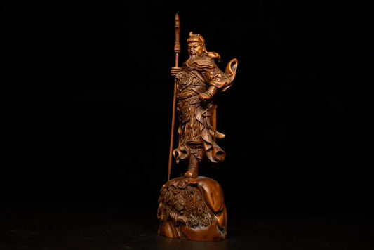 7"Tibetan Temple Collection Old Boxwood Guan Gong Guanyu Gate God Statue God of War Wood Carving Guan Gong knife