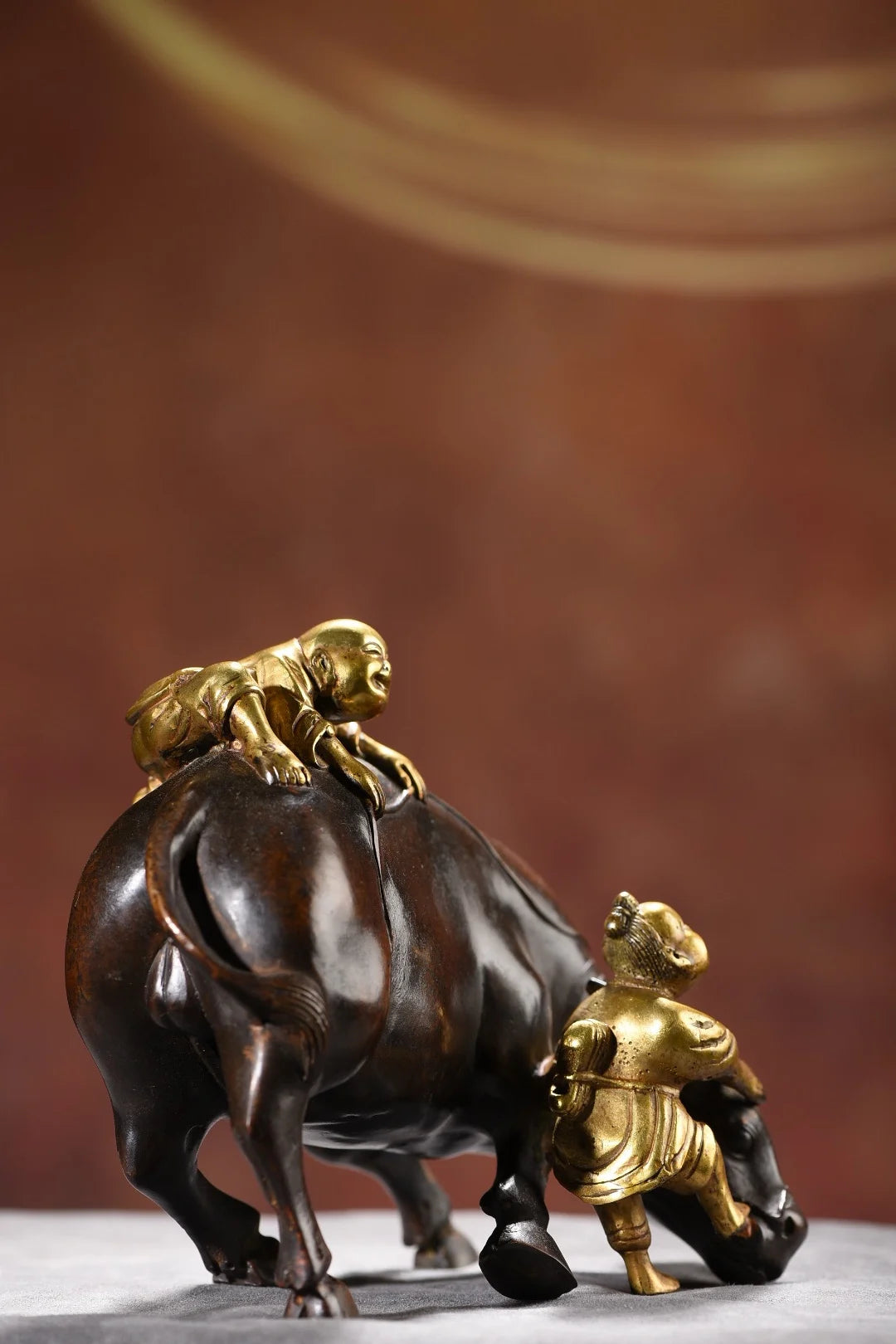 7"Tibetan Temple Collection Old Bronze Gilded Boy herding cattle Boy Herding Cattle statue Harmonious coexistence Ornaments