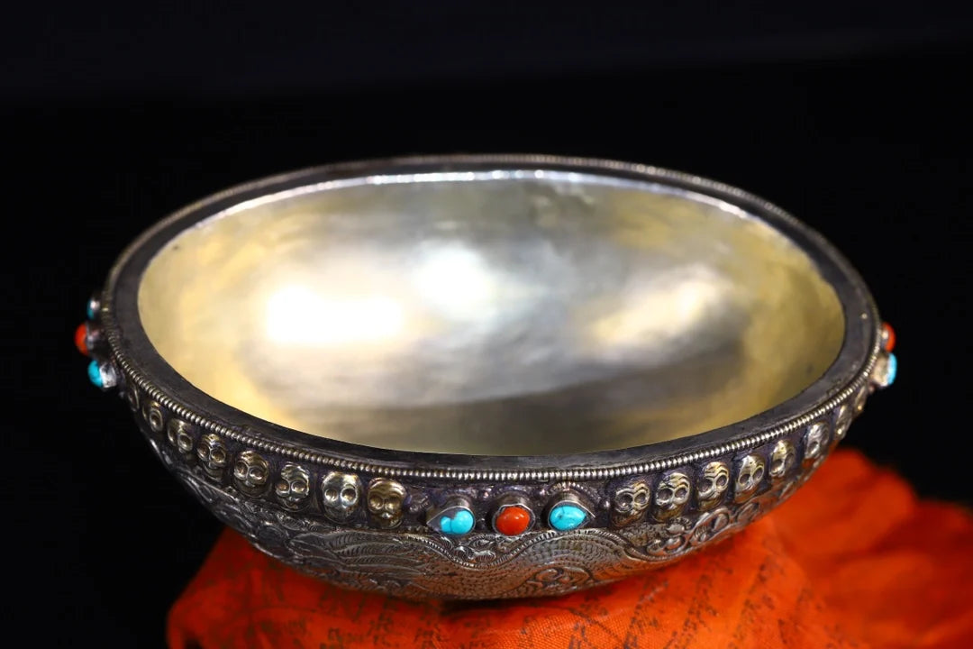 7"Tibetan Temple Collection Old Gabala Tibetan silver Mosaic Gem Dragon Pattern Skull Gabala Bowl Amulet Dharma Town house