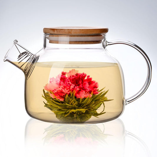 Borosilicate Glass Tea Kettle - Glass Teapot For Stovetop Safe - 27 oz - Removable Filter Spout - For Iced Blooming Loose Tea Pot Maker with Bamboo Lid