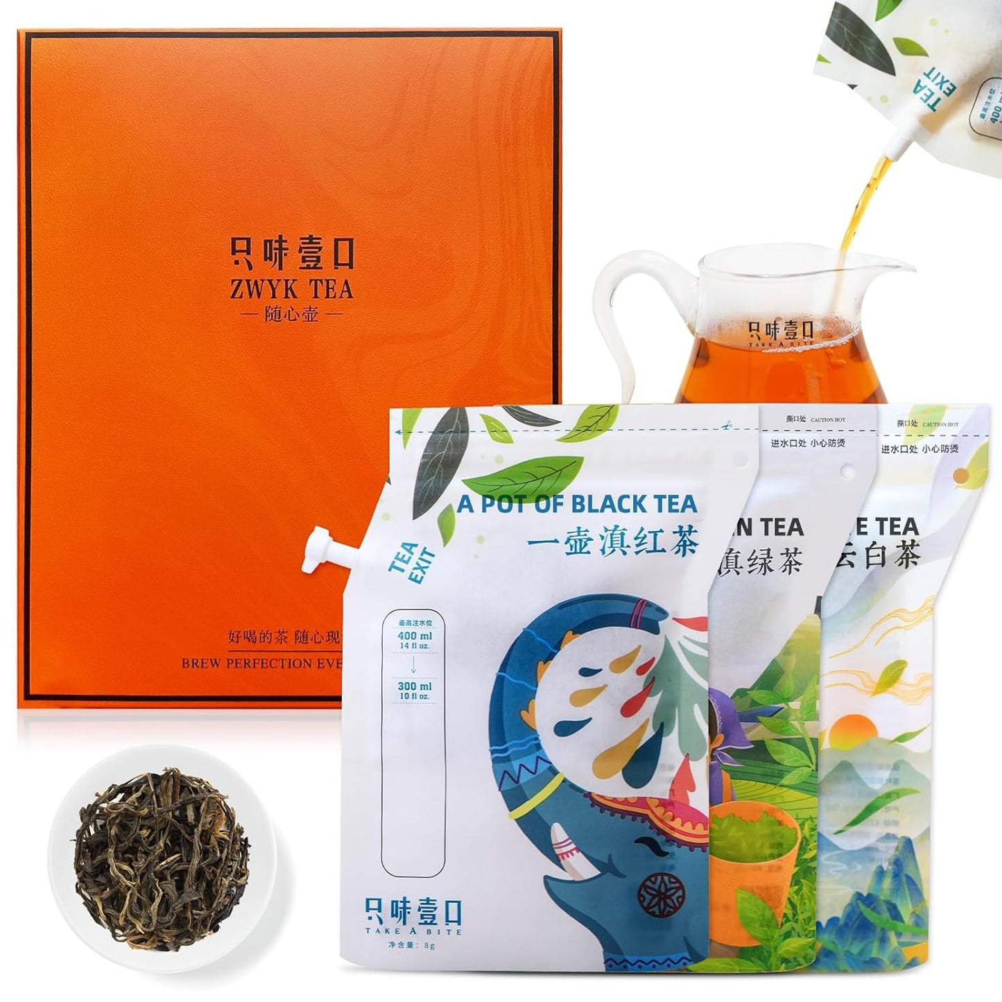 ZWYK TEA Authentic Top Chinese Tea (6 Count, Produced in YUNNAN), Portable Black Tea & Chenpi White Tea & Pu erh Tea Pot Design - A Unique Approach to Enjoying Tea, Perfect for Camping/Travel/Hiking/Party